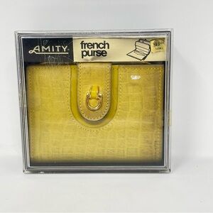 Amity French Purse Wallet Womens Yellow Cowhide Leather Croc Print Kiss Lock